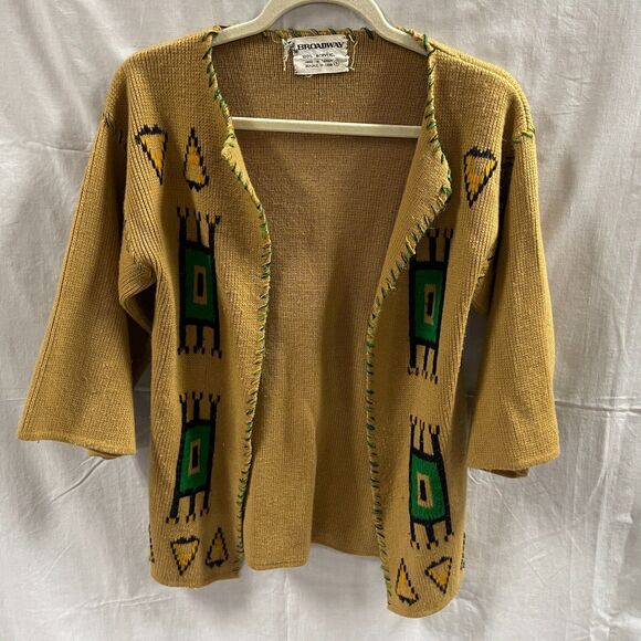 The Broadway 1950s Sweater Western Print Size Small ¾ Sleeve Brown - Picture 1 of 8